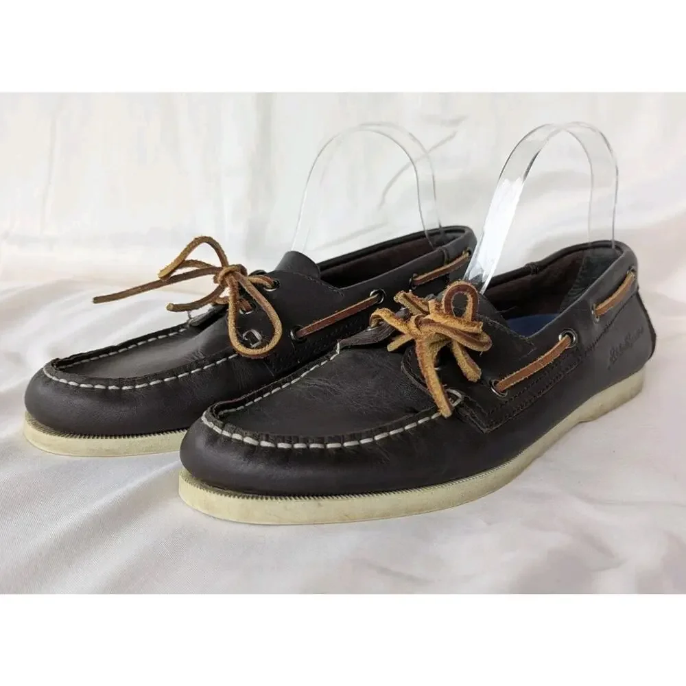 Eddie Bauer Men's 9.5 Dark Brown Leather Slip On Boat Shoe Loafer